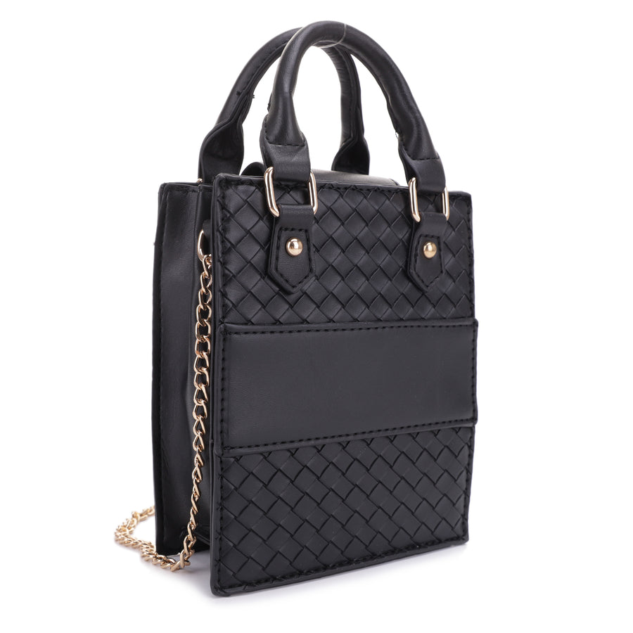 AMELIA WOVEN CROSSBODY WITH SOLID STRIP HANDLE