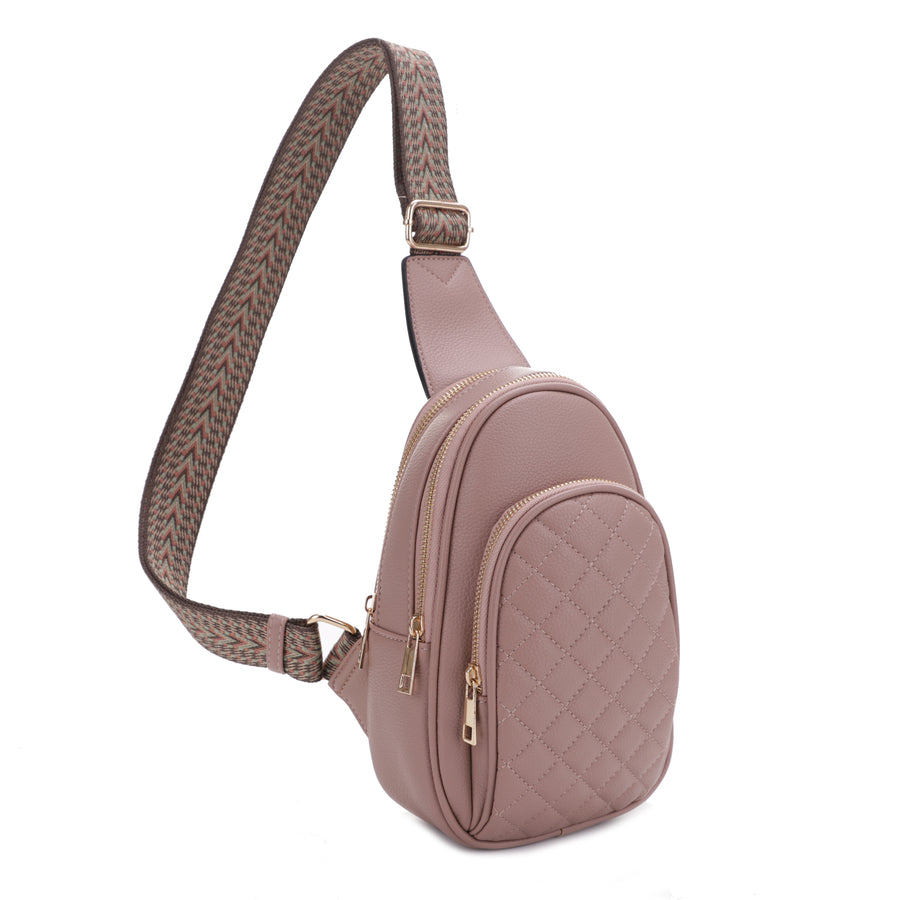 SG SUGU Aurora Diamond Quilted Triple Compartment Crossbody Sling Bag with Colored Webbing Strap