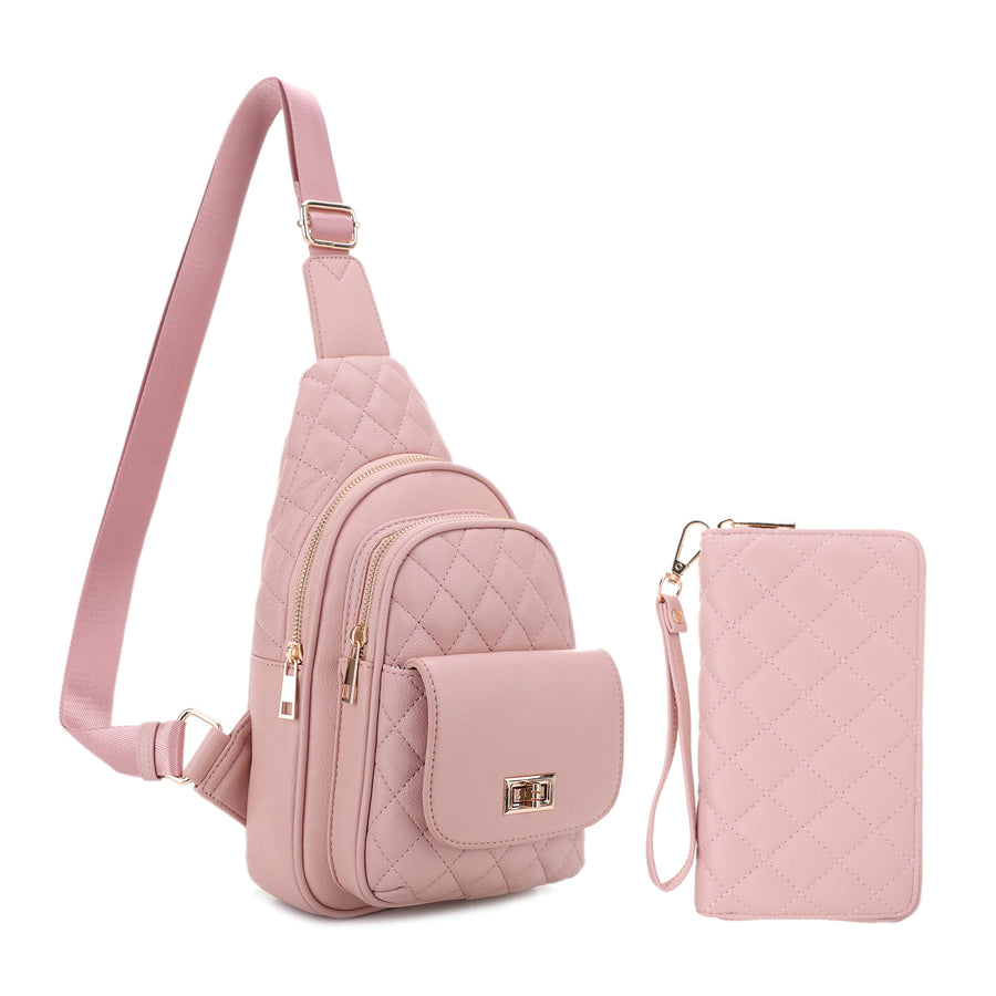 SG SUGU 2 Piece Set Emma Diamond Quilted Crossbody Sling Bag with Matching Wallet