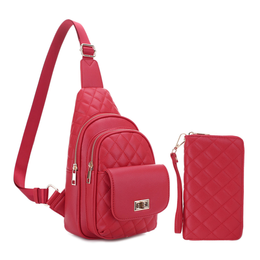 SG SUGU 2 Piece Set Emma Diamond Quilted Crossbody Sling Bag with Matching Wallet