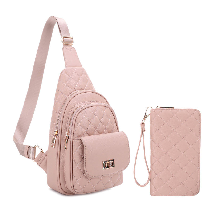 SG SUGU 2 Piece Set Emma Diamond Quilted Crossbody Sling Bag with Matching Wallet