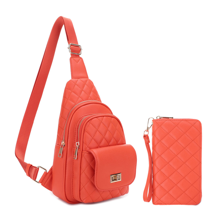 SG SUGU 2 Piece Set Emma Diamond Quilted Crossbody Sling Bag with Matching Wallet