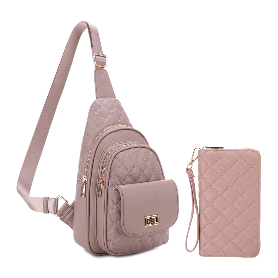 SG SUGU 2 Piece Set Emma Diamond Quilted Crossbody Sling Bag with Matching Wallet